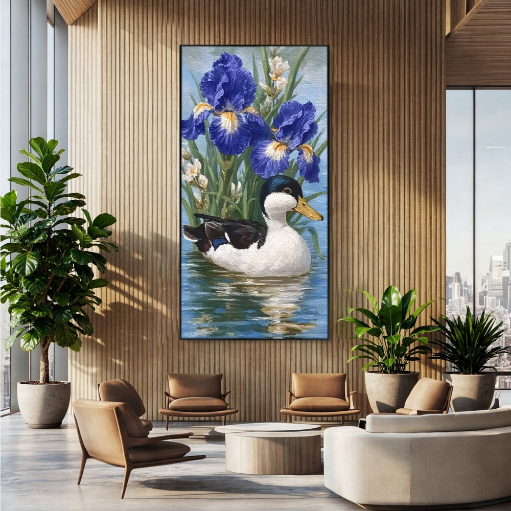 Tablou canvas cu tablou canvas cu rata pe lac si flori de iris, in rama de aluminiu negru, pe perete intr-un birou